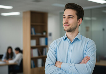 Businessman in office portrait looking confidently with professional attire and relaxed posture