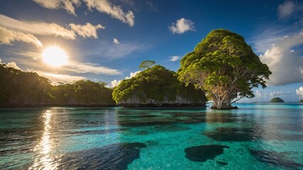 Obraz premium Mesmerizing tropical view of Palau showcasing turquoise waters, lush greenery, and a radiant sunset illuminating the landscape