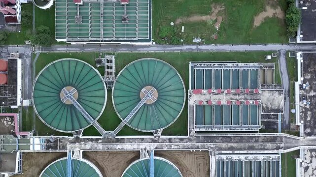 Aerial view of sewage water treatment plant, Purification process water cleaning facility wastewater treatment plant, Water treatment plant recycling plant, Recirculation solid contact clarifier.