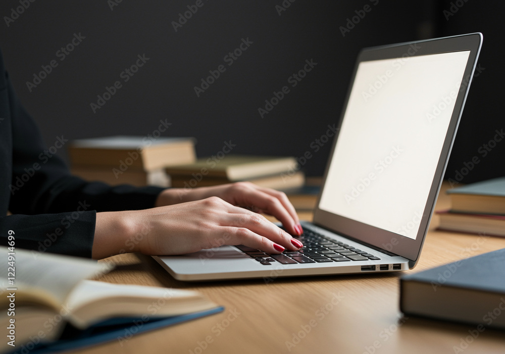 Poster laptop with hands typing on keyboard in business setting surrounded by books on desk