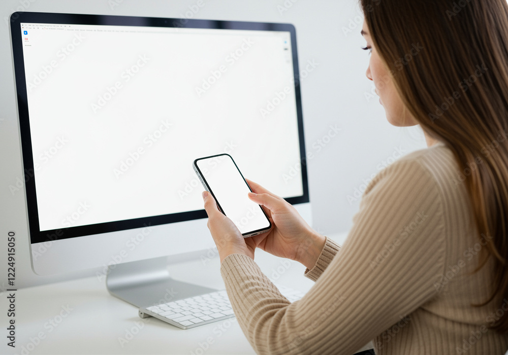 Aufkleber woman using smartphone while sitting at desk with computer technology and modern workspace