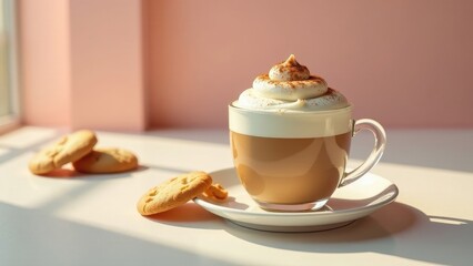 Aromatic coffee beverage with whipped cream topping and a dusting of spice, accompanied by several freshly baked cookies, sits on a saucer bathed in sunlight.