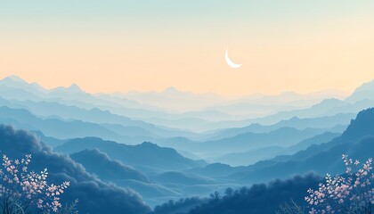 Serene Blue Mountain Landscape with Crescent Moon