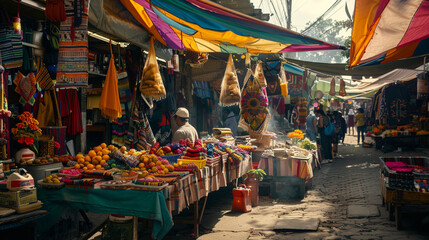 In Nicaragua, a street vendor displays handmade wares beneath a patched canopy, battling the vibrant chaos of the market and the challenges of earning a living in tough economic times.