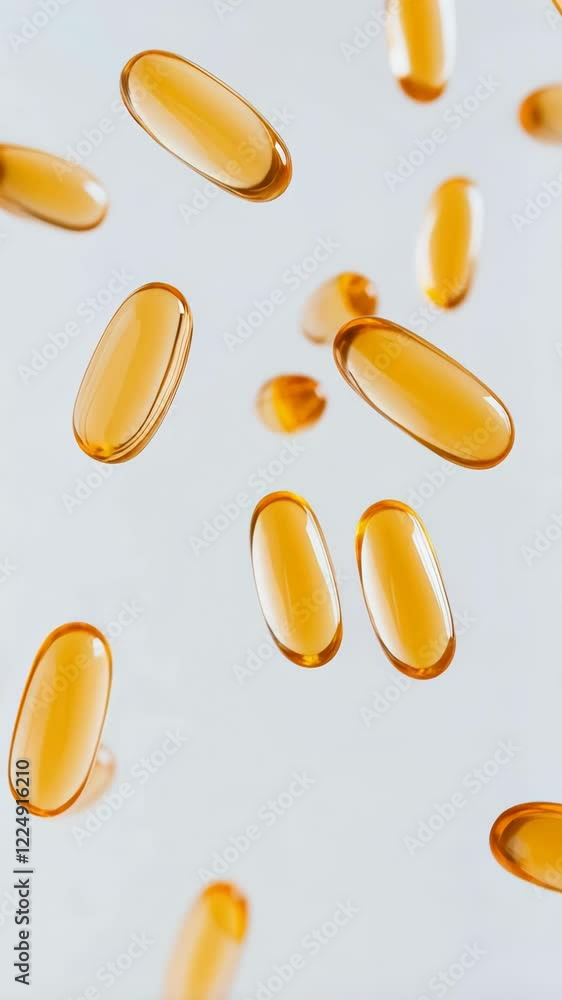 Poster numerous fish oil capsules, known for their health benefits, are levitating against a clean white ba