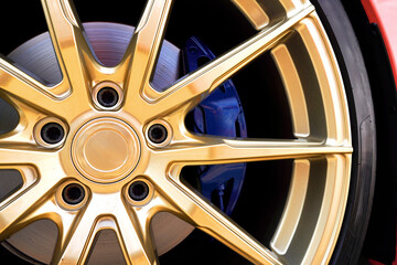 Alloy wheel with calipers and racing brakes of the sport car. Racing brake disc and low profile...
