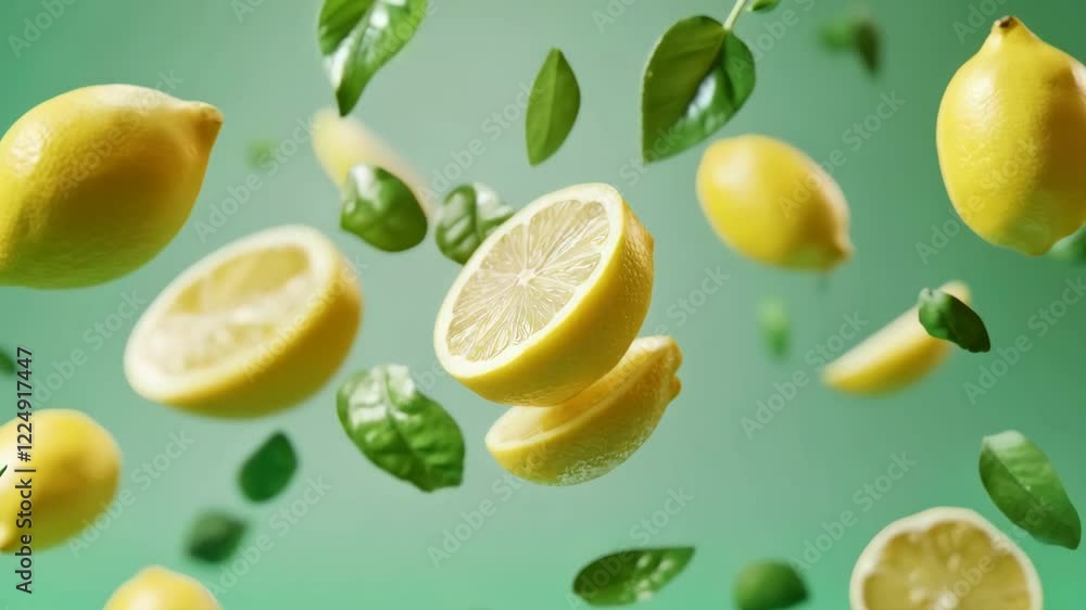 Poster whole and sliced lemons, surrounded by vibrant green leaves, are levitating against a lively green b