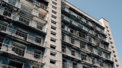 destroyed and burned houses in the city in Ukraine