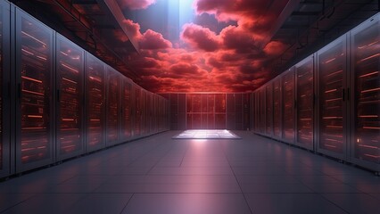 A modern server room filled with racks of networking equipment illuminated by blue LED lights