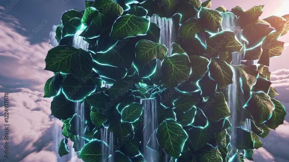 Poster surreal floating island in the sky with waterfalls cascading into clouds, glowing foliage, and a mys