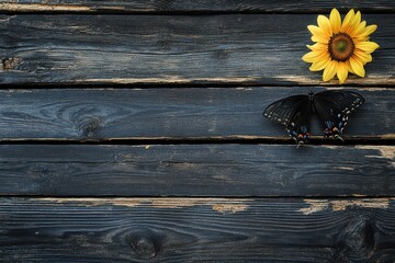 Butterfly on Dark Wooden Table with Sunflower in Vibrant Colors for Nature Themes