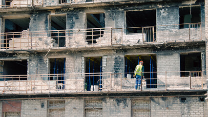 destroyed and burned houses in the city in Ukraine