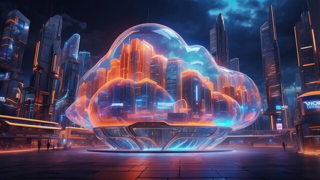 A digital illustration featuring a neon-lit cityscape with glowing lines forming a grid pattern.
