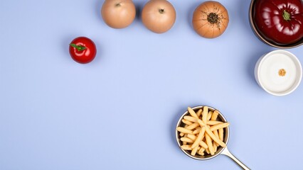 Obraz premium Flat Lay of Fresh Ingredients and Cooked French Fries on a Lavender Background