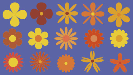 Set of Colorful Vector Flowers in Retro Style on a Blue Background