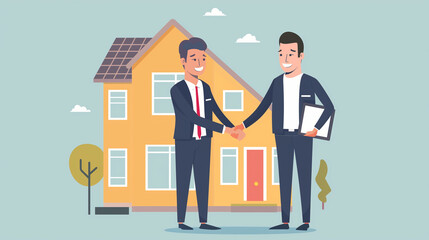Fototapeta premium Two men shaking hands in front of house, real estate.