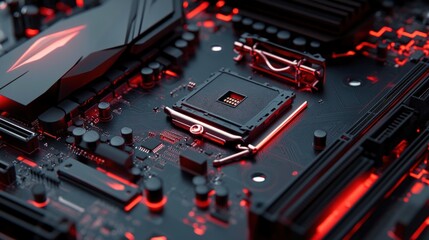 Close-up view of a motherboard with glowing red accents showcasing modern computer technology