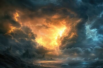 Fiery storm clouds rage over a dark sea, lightning illuminates the scene. Ideal for fantasy, apocalyptic, or powerful nature themes.
