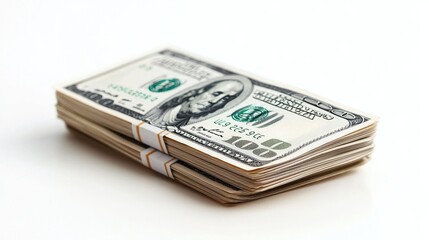 Stack of hundred dollar bills on white background; finance, wealth, business