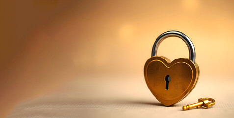 A heart-shaped padlock with a key lies on a warm, golden background with copy space Copy space for your text. The soft lighting and warm tones create a romantic and intimate atmosphere.
