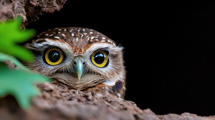 Fototapeta premium Little owl peeking out from a dark tree hollow in a forest during the day.