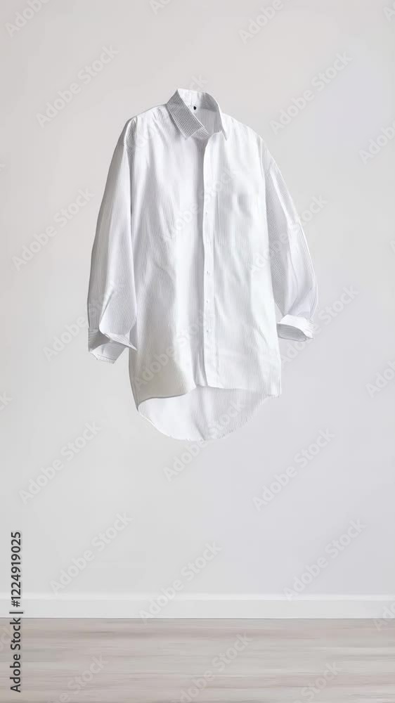 Poster crisp white shirt floats effortlessly in a minimalist room, showcasing a unique and surreal concept 