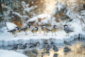 Fototapeta premium Gathered birds by a frozen stream during winter in a snowy forest setting