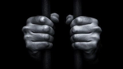 Dark and moody prisoner’s hands gripping rusted iron bars