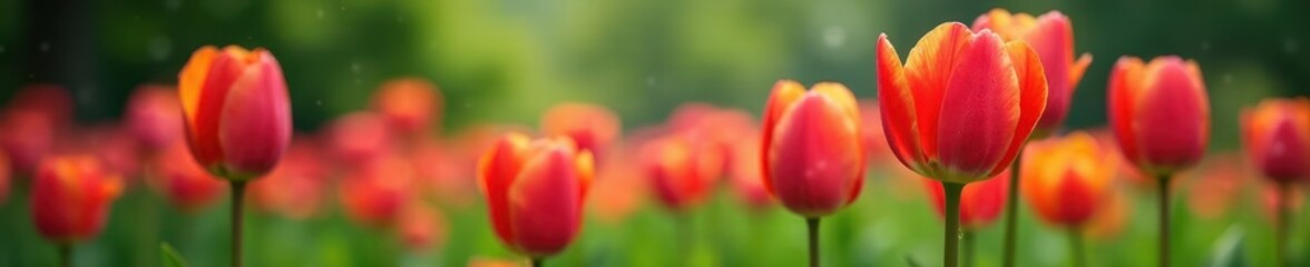 Tulips in a garden with blurry background and raindrops, water drops, greenery, spring flowers