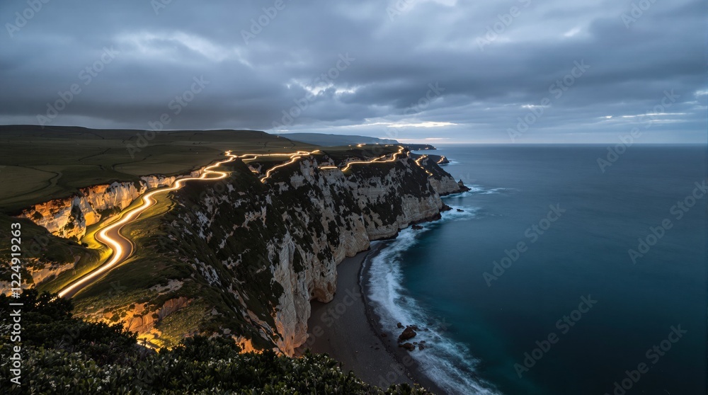 Poster coastal view with illuminated curves of a road atop cliffs against the dark ocean and cloudy sky at 