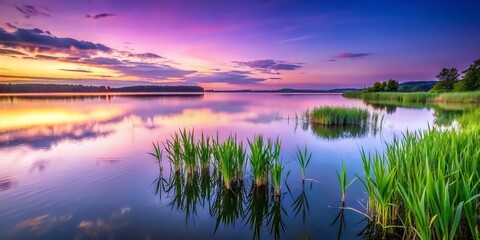 Serene Summer Twilight: Lilac Sunset over Calm Lake with Tall Grass