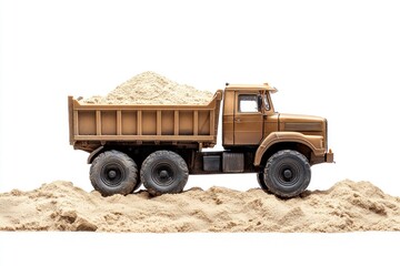 Obraz premium Dump Truck filled with sand isolated on white background. Dump Truck icon. Heavy Machinery. Construction Vehicle with sand. Dump Truck Design Element. Sand-filled Dump Truck isolated.