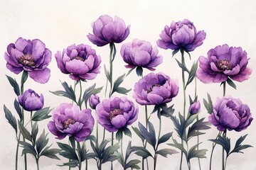 Obraz premium Purple peony watercolor painting on white background with detailed petals and green leaves
