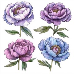 Obraz premium Four watercolor peony flowers in blue purple and pink on white background artistic floral design
