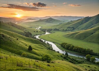 Obraz premium Serene Sunrise Over Rolling Hills and Winding River Valley Landscape