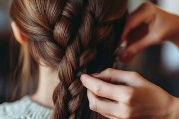 Fototapeta premium Braiding long brown hair in a cozy indoor setting during daylight hours
