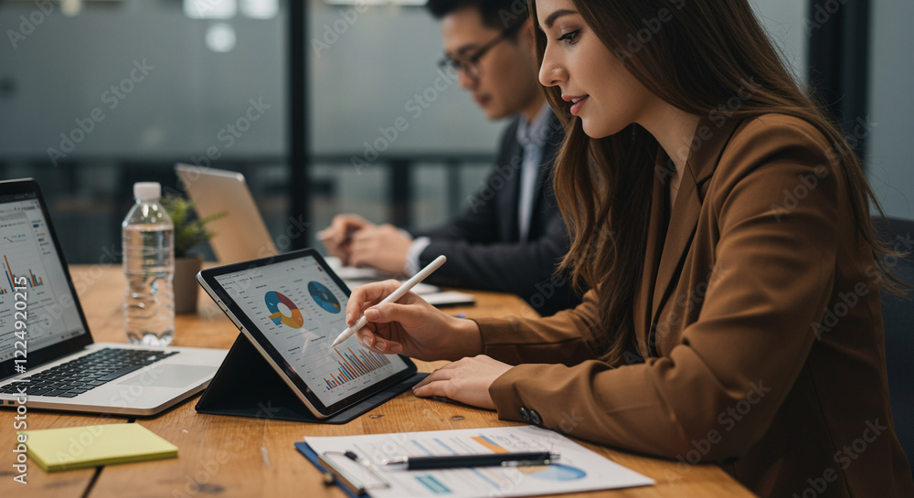 Aufkleber tablet business analysis in modern workspace with colleagues working and data charts