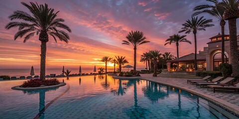 Obraz premium Serene Sunset Poolside Relaxation: Luxury Resort Swimming Pool at Golden Hour