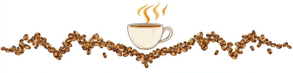 Obraz premium Steaming Cup Of Coffee Framed By Two Waves Of Roasted Coffee Beans On White Background