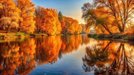 Obraz premium A tranquil autumn morning by the river with orange-toned water and reflections of golden leaves on the surrounding trees, orange tones, reflective surfaces