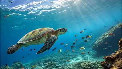 Fototapeta premium Serene Underwater Scene: Turtle and Fish Swimming in Vibrant Blue Ocean