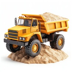 Obraz premium Dump Truck filled with sand isolated on white background. Dump Truck icon. Heavy Machinery. Construction Vehicle with sand. Dump Truck Design Element. Sand-filled Dump Truck isolated.