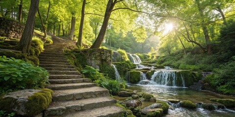 Obraz premium Serene Waterfall Cascade in Tranquil Forest Panoramic