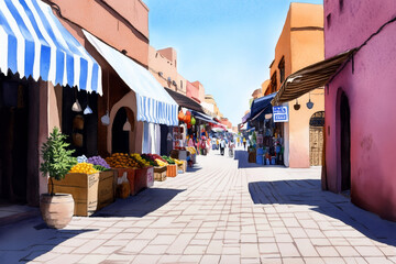 Obraz premium Sunny Market Street Scene - A vibrant street scene depicting a sunny market with colorful buildings, striped awnings, and fresh produce.