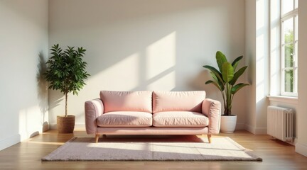 Naklejka premium Serene living room interior design showcasing a blush pink sofa, complemented by potted plants and a soft rug, bathed in warm sunlight streaming through a nearby window.