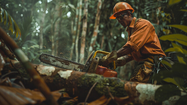 A Brazilian logger operates a malfunctioning chainsaw while cutting down trees in the rainforest, lacking proper safety training and exposing himself to significant risks.
