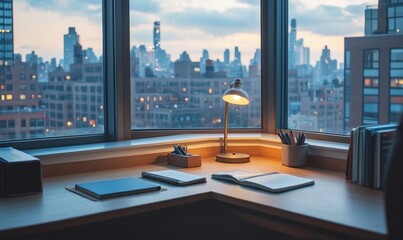 Obraz premium Corner Study Desk with Warm Lamp Overlooking Scenic Urban Skyline at Dusk