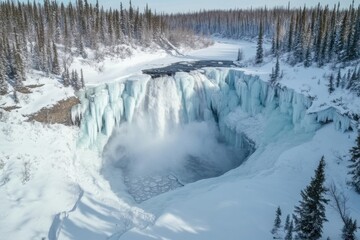 Majestic frozen waterfall cascading down a rocky cliff in a snowy landscape during winter