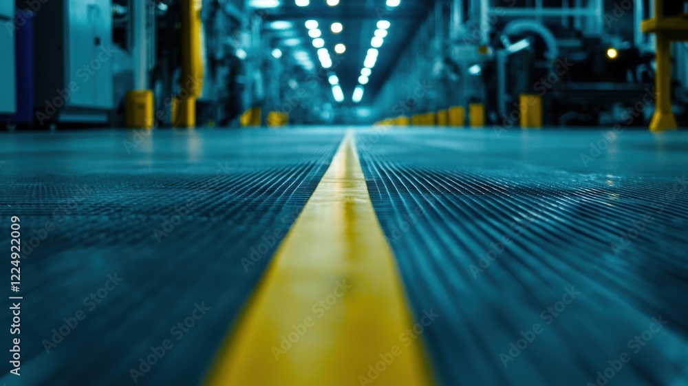 Poster high-tech factory floor with automated machinery and illuminated pathways