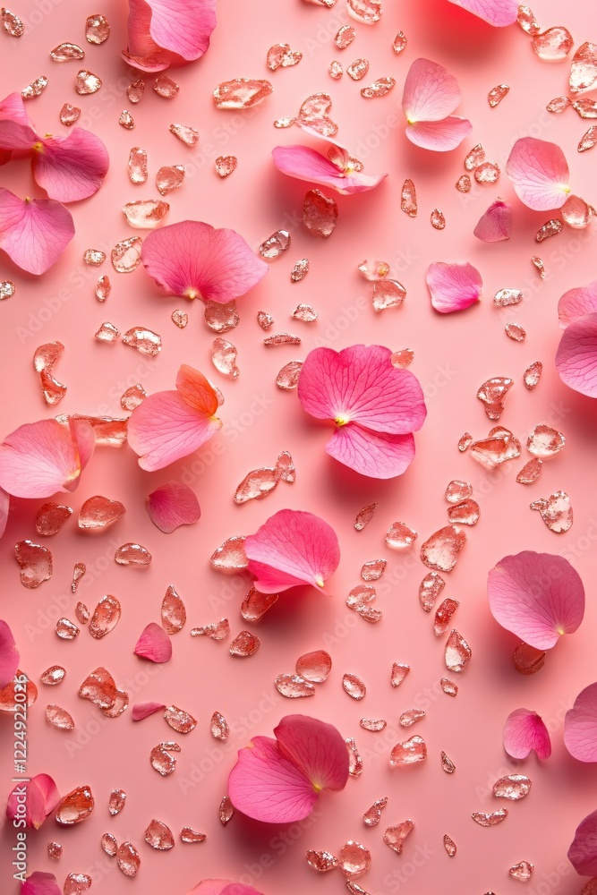 Poster pink petals and clear gems scattered on a soft pink background creating a delicate pattern